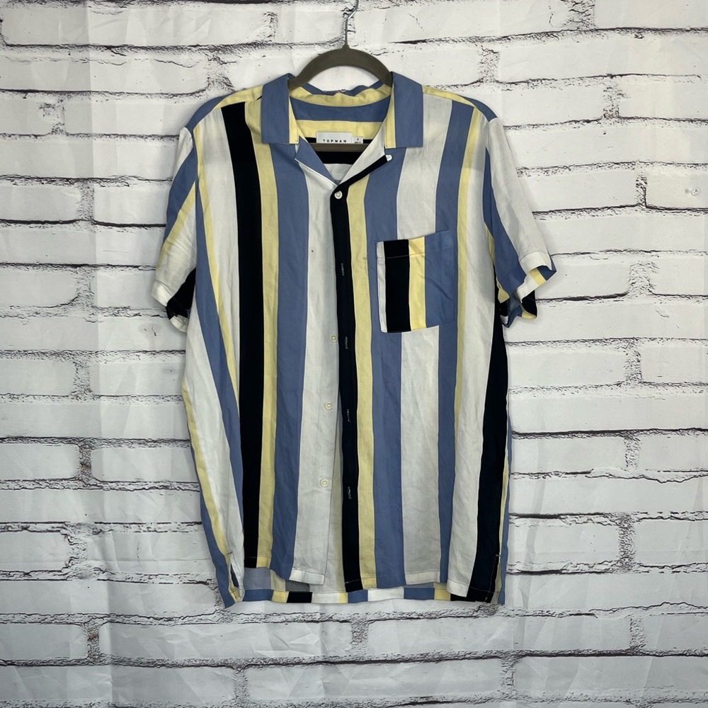 Topman Vertical Stripe Short Sleeve Button Up Shirt Men’s Small Blue Yellow Y2K